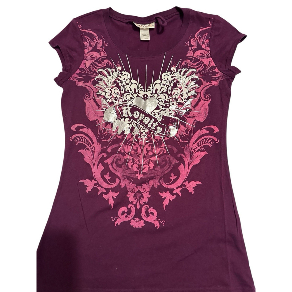 SELF ESTEEM Royalty Tee Shirt Top Womens Large Purple & Silver Slim Fit Blouse - Picture 9 of 14